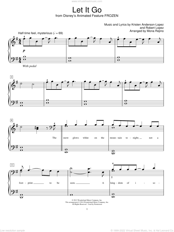 Let It Go (from Frozen) (arr. Mona Rejino) sheet music for piano solo (elementary) by Robert Lopez, Idina Menzel, Kristen Anderson-Lopez and Mona Rejino, beginner piano (elementary)