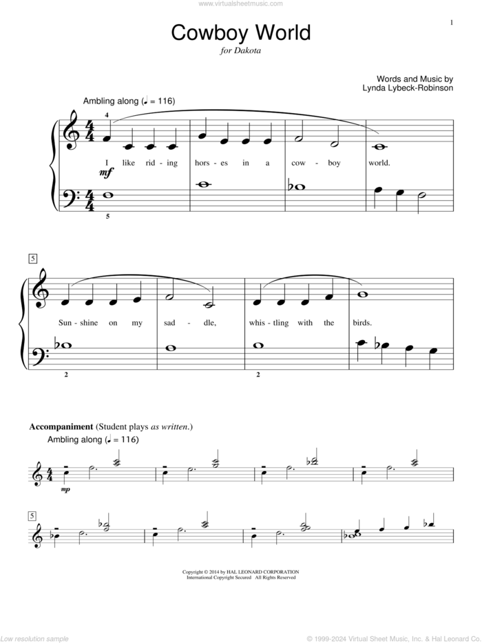 Cowboy World sheet music for piano solo (elementary) by Lynda Lybeck-Robinson, beginner piano (elementary)