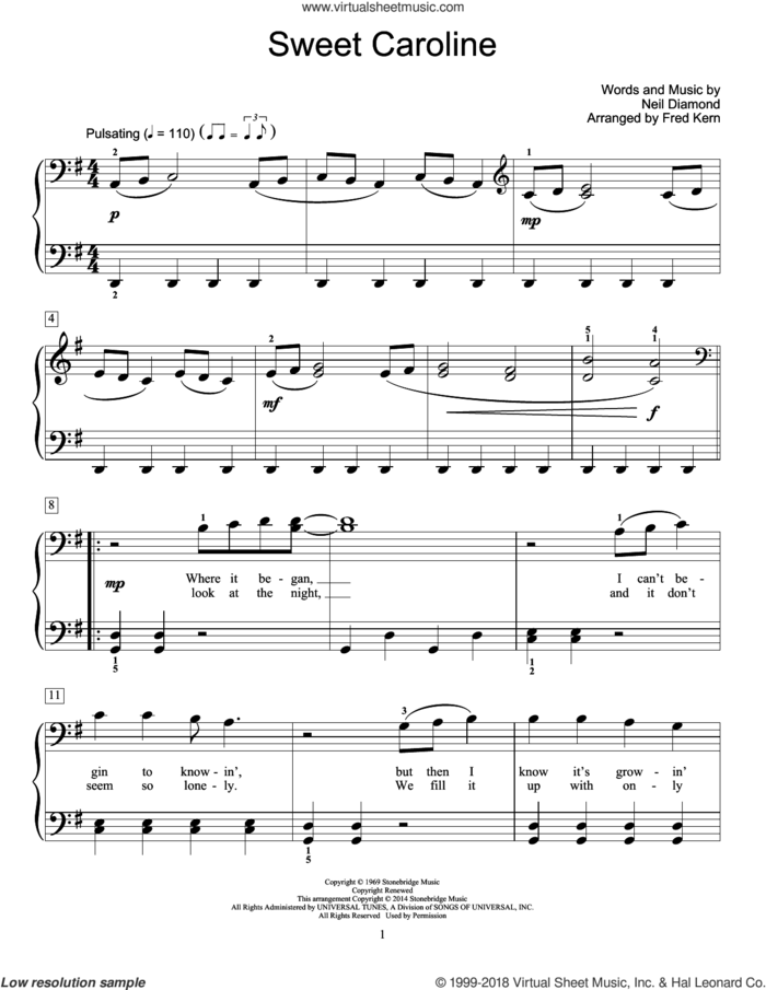 Sweet Caroline (arr. Fred Kern) sheet music for piano solo (elementary) by Neil Diamond and Fred Kern, beginner piano (elementary)