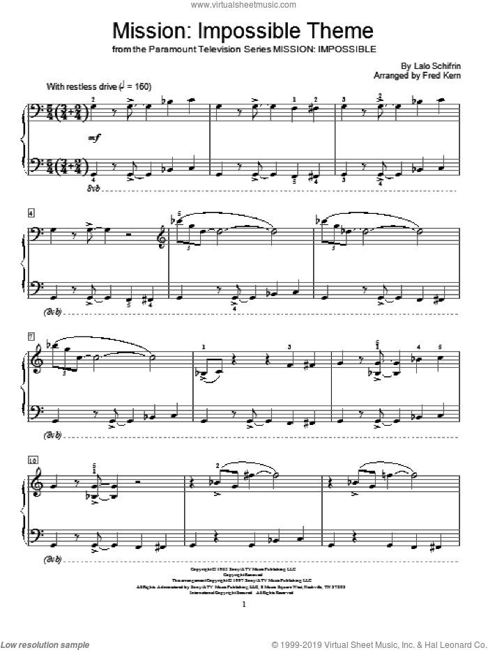 Mission: Impossible Theme sheet music for piano solo (elementary) by Fred Kern and Lalo Schifrin, beginner piano (elementary)