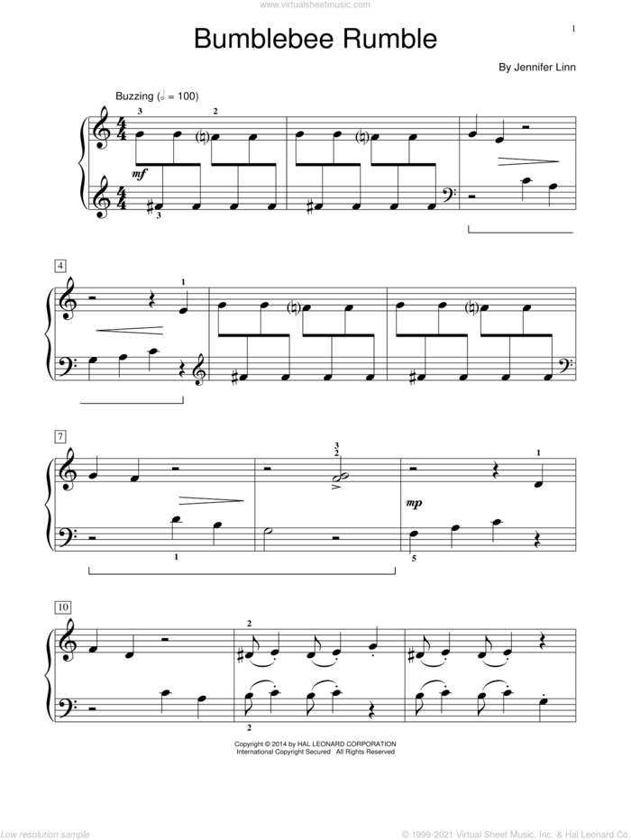 Bumblebee Rumble sheet music for piano solo (elementary) by Jennifer Linn, beginner piano (elementary)