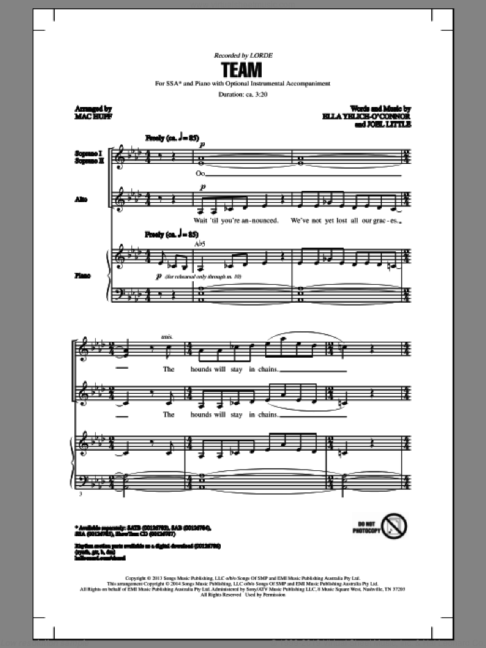 Team sheet music for choir (SSA: soprano, alto) by Mac Huff, Lorde and Joel Little, intermediate skill level