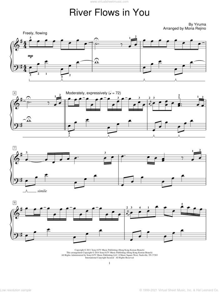 River Flows In You sheet music for piano solo (elementary) by Yiruma and Mona Rejino, beginner piano (elementary)