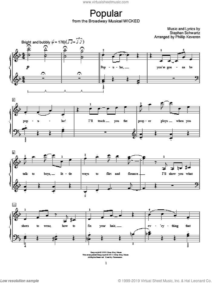 Popular (from Wicked) (arr. Phillip Keveren) sheet music for piano solo (elementary) by Stephen Schwartz and Phillip Keveren, beginner piano (elementary)