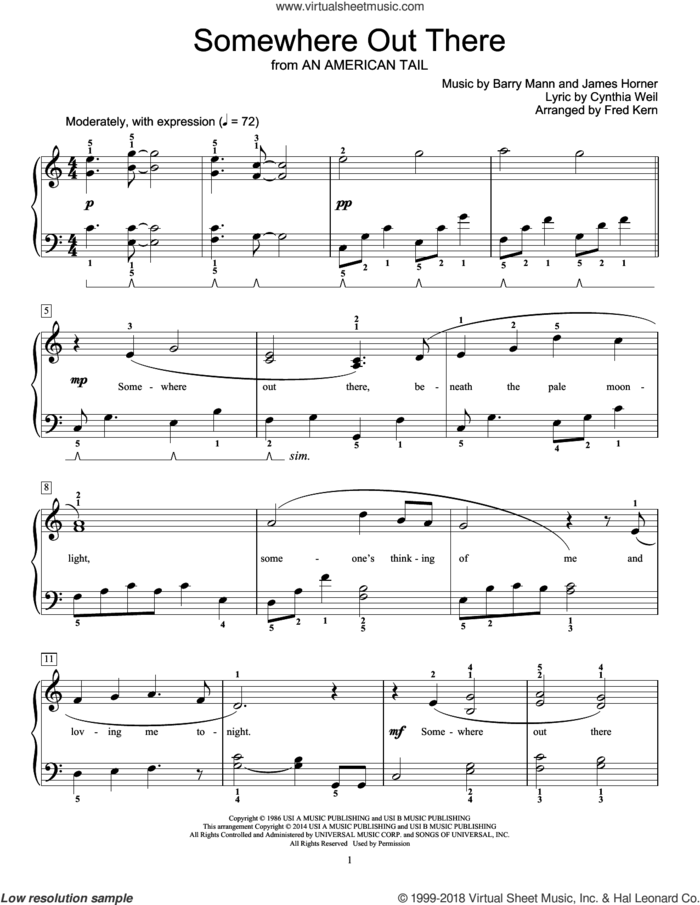 Somewhere Out There sheet music for piano solo (elementary) by James Horner, Barry Mann, Cynthia Weil and Fred Kern, beginner piano (elementary)