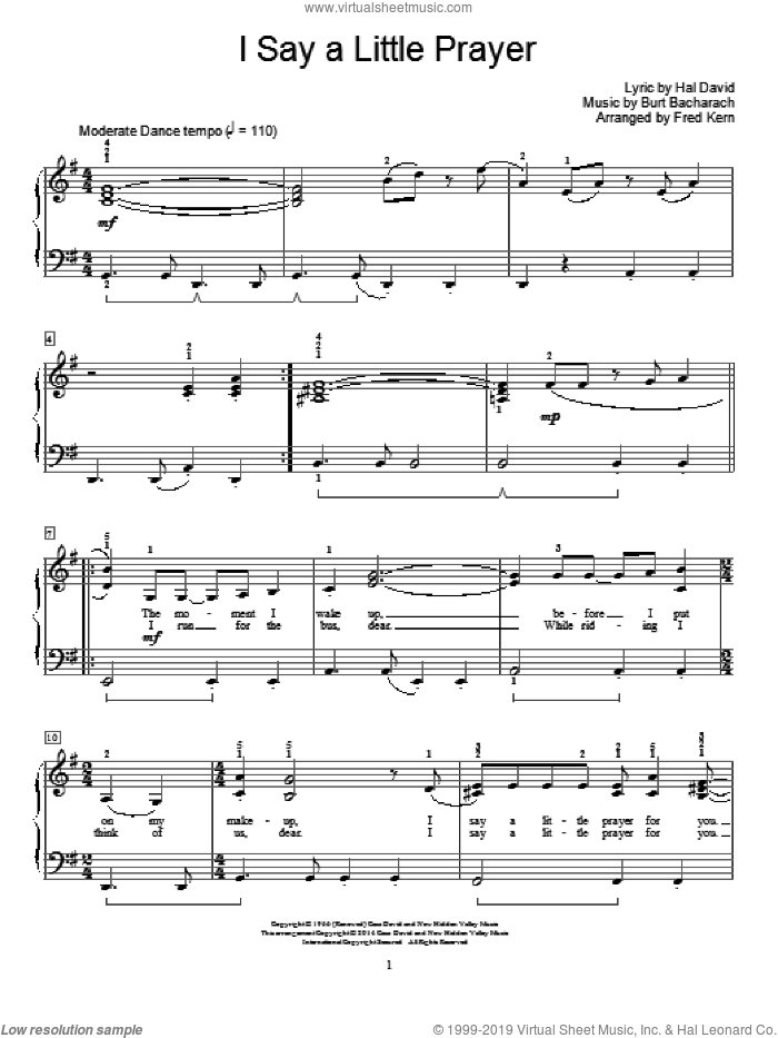 I Say A Little Prayer sheet music for piano solo (elementary) by Burt Bacharach, Fred Kern and Hal David, beginner piano (elementary)