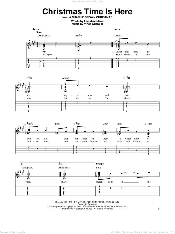 Christmas Time Is Here sheet music for guitar solo (easy tablature) by Vince Guaraldi and Lee Mendelson, easy guitar (easy tablature)