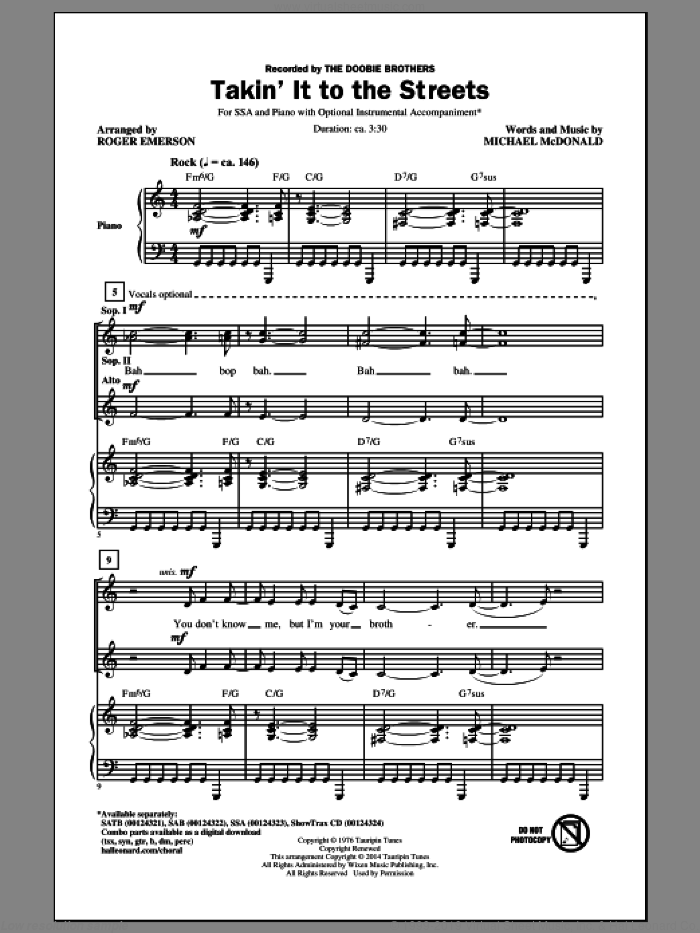 Takin' It To The Streets sheet music for choir (SSA: soprano, alto) by Roger Emerson, Doobie Brothers, Taylor Hicks, The Doobie Brothers and Michael McDonald, intermediate skill level
