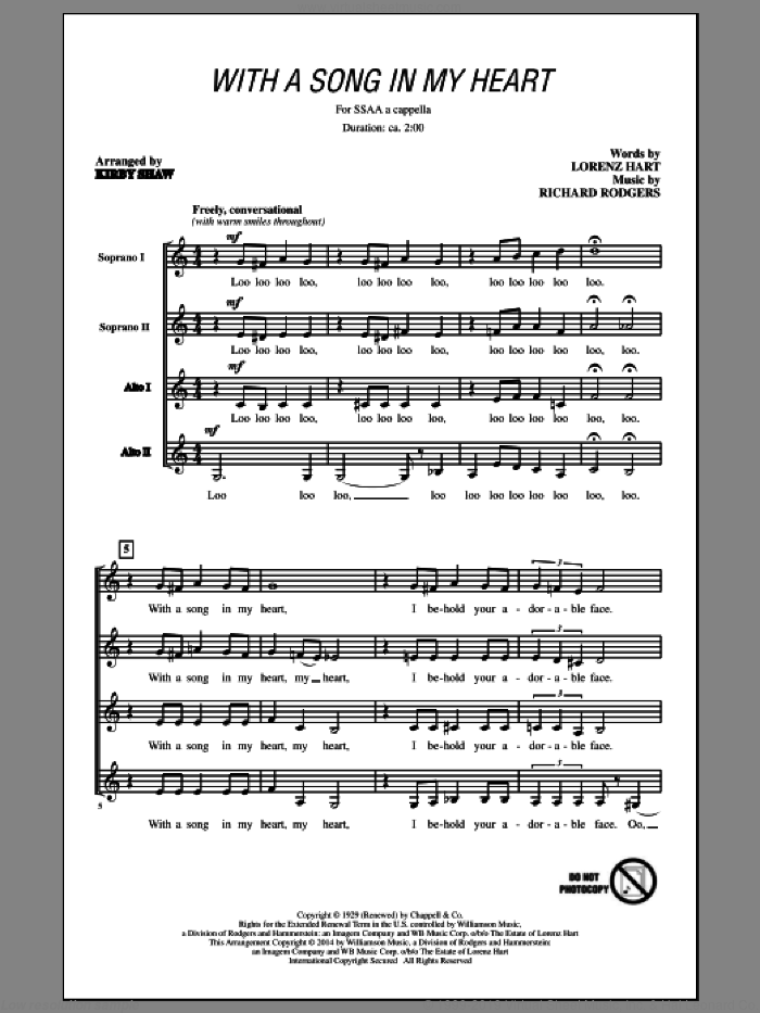 With A Song In My Heart sheet music for choir (SSA: soprano, alto) by Richard Rodgers, Jerry Vale, Jose Carreras, Stevie Wonder, Kirby Shaw and Lorenz Hart, wedding score, intermediate skill level