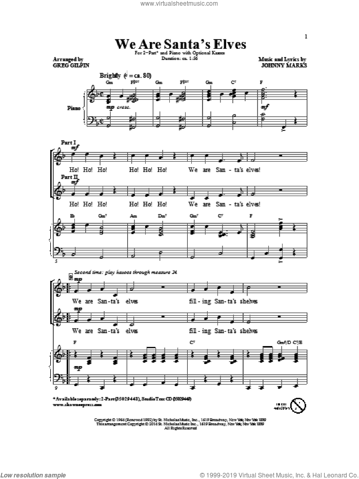 We Are Santa's Elves sheet music for choir (2-Part) by Greg Gilpin and Johnny Marks, intermediate duet