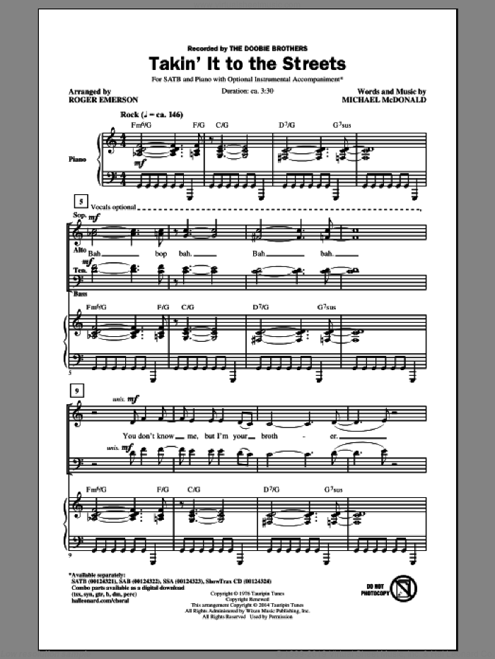 Takin' It To The Streets sheet music for choir (SATB: soprano, alto, tenor, bass) by Roger Emerson, Doobie Brothers, Taylor Hicks, The Doobie Brothers and Michael McDonald, intermediate skill level