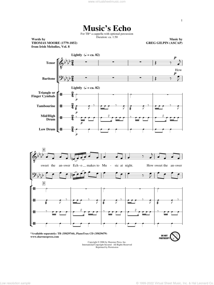 Music's Echo sheet music for choir (TB: tenor, bass) by Greg Gilpin and Thomas Moore, intermediate skill level