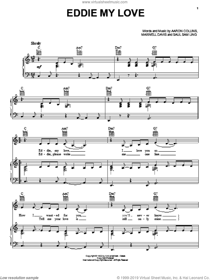 Eddie My Love sheet music for voice, piano or guitar by The Chordettes, Aaron Collins, Maxwell Davis and Saul Sam Ling, intermediate skill level