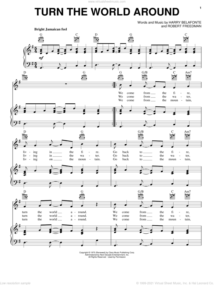 Turn The World Around sheet music for voice, piano or guitar by Harry Belafonte and Robert Freedman, intermediate skill level