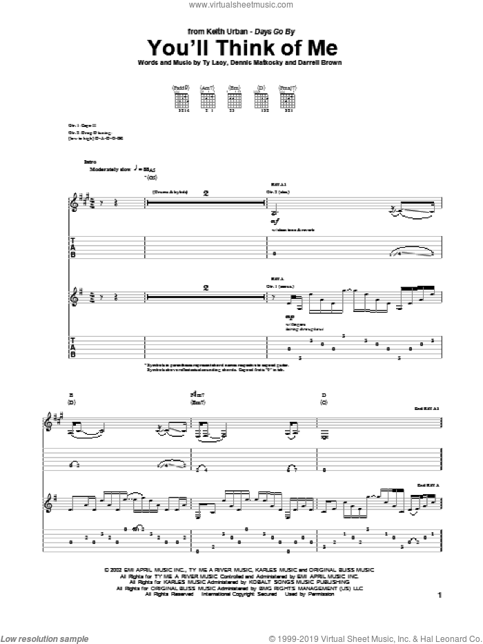 You'll Think Of Me sheet music for guitar (tablature) by Keith Urban, Darrell Brown, Dennis Matkosky and Ty Lacy, intermediate skill level