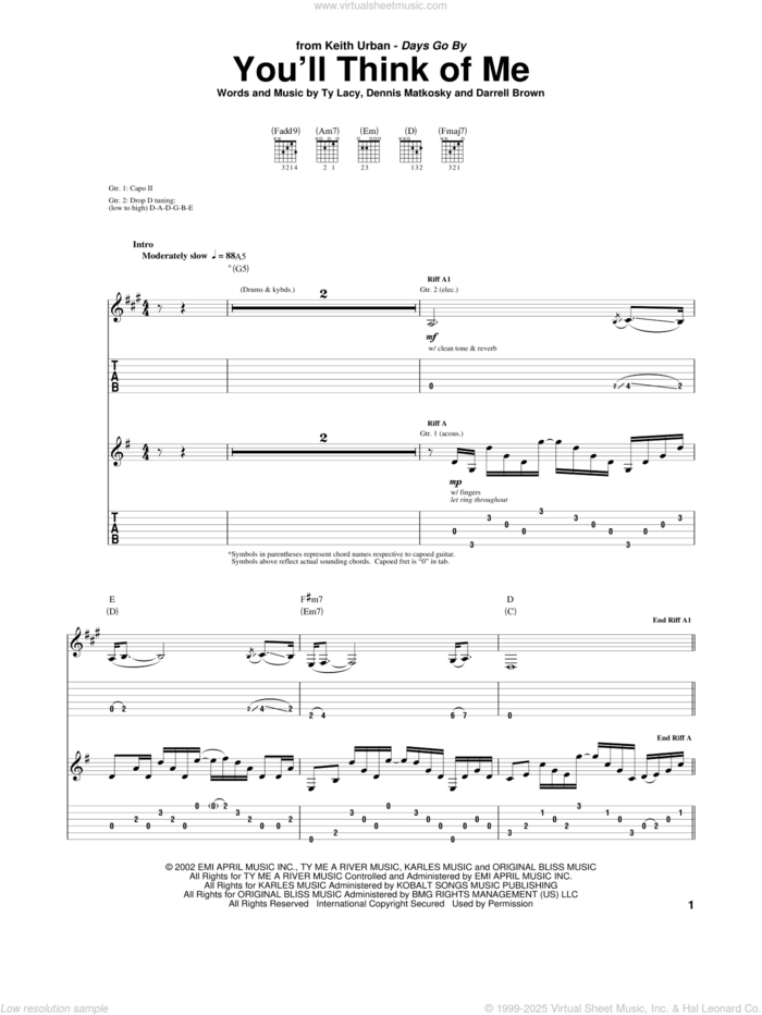 You'll Think Of Me sheet music for guitar (tablature) by Keith Urban, Darrell Brown, Dennis Matkosky and Ty Lacy, intermediate skill level