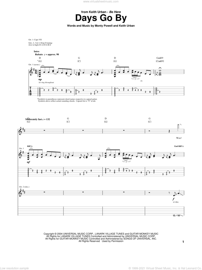 Days Go By sheet music for guitar (tablature) by Keith Urban and Monty Powell, intermediate skill level