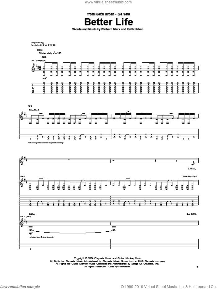 Better Life sheet music for guitar (tablature) by Keith Urban and Richard Marx, intermediate skill level