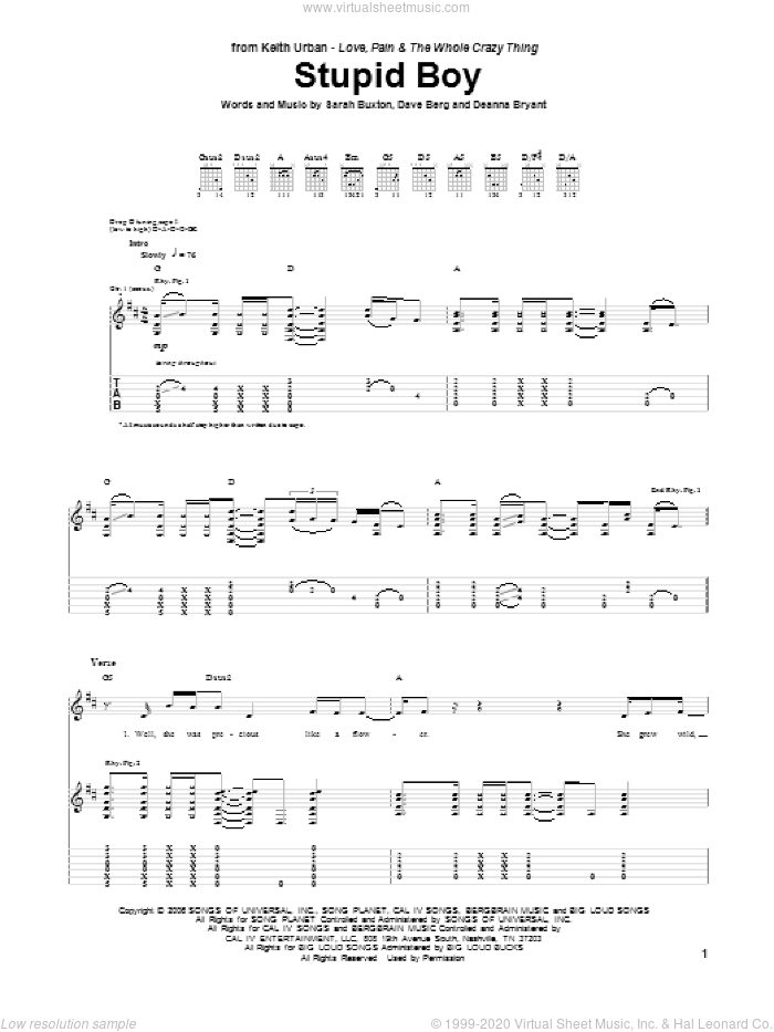 Stupid Boy sheet music for guitar (tablature) by Keith Urban, Dave Berg, Deanna Bryant and Sarah Buxton, intermediate skill level