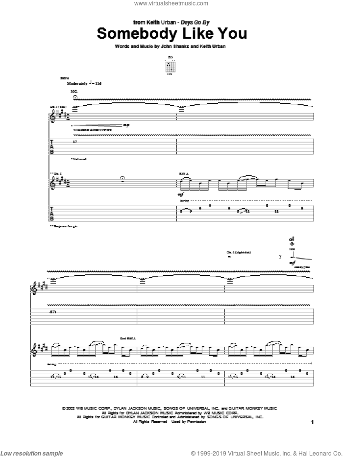 Somebody Like You sheet music for guitar (tablature) by Keith Urban and John Shanks, intermediate skill level