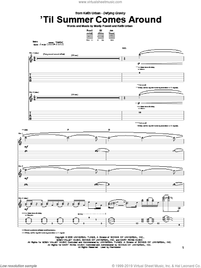'Til Summer Comes Around sheet music for guitar (tablature) by Keith Urban and Monty Powell, intermediate skill level