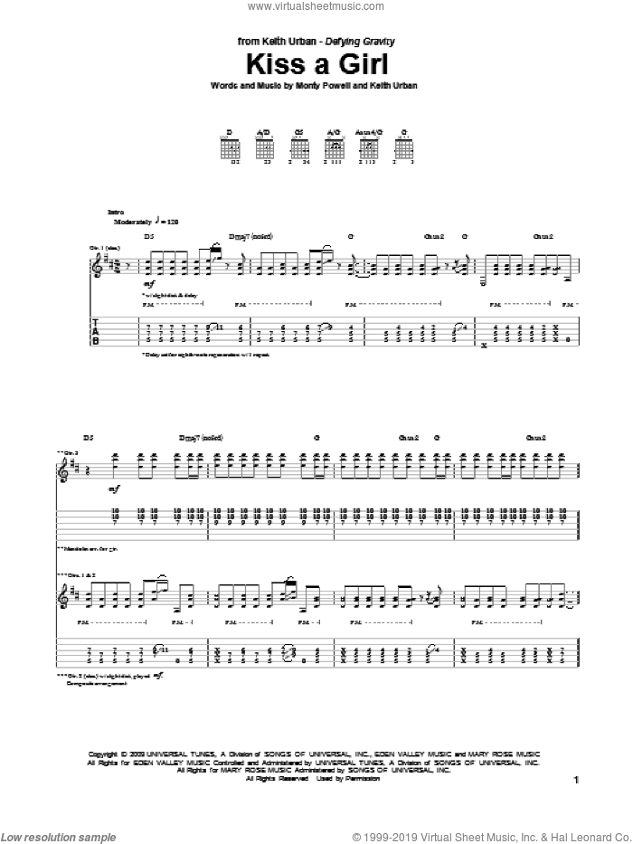 Kiss A Girl sheet music for guitar (tablature) by Keith Urban and Monty Powell, intermediate skill level
