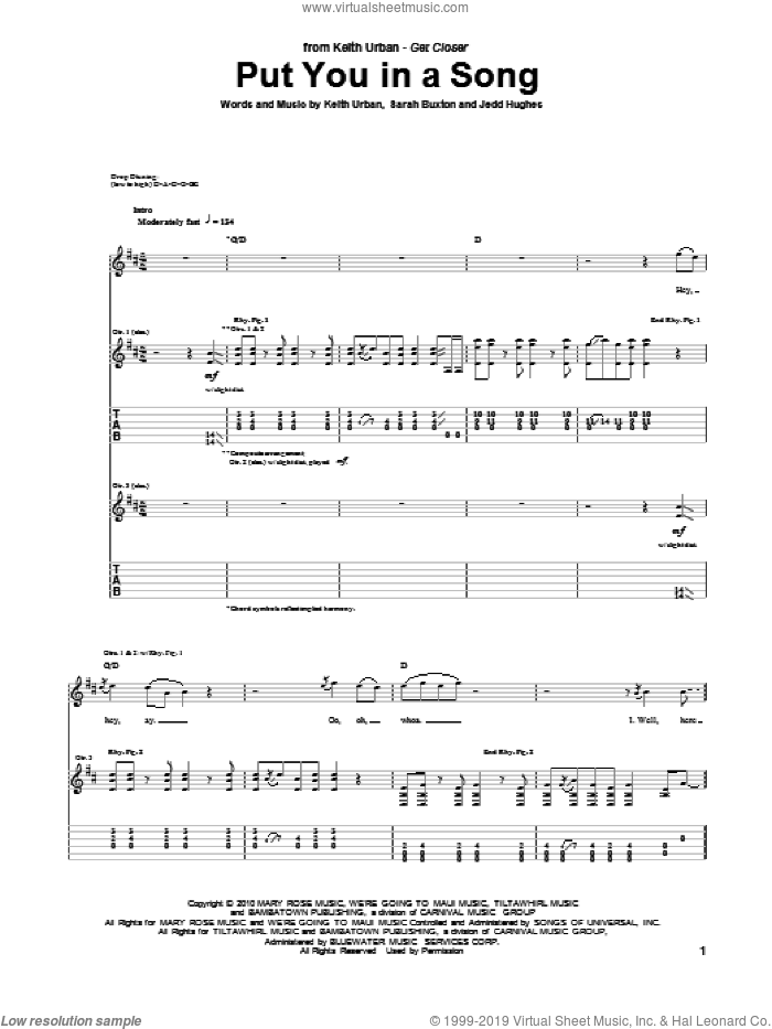 Put You In A Song sheet music for guitar (tablature) by Keith Urban, Jedd Hughes and Sarah Buxton, intermediate skill level