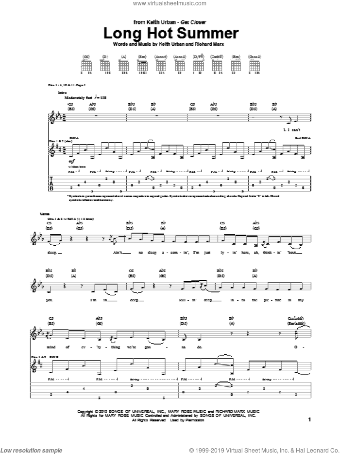 Long Hot Summer sheet music for guitar (tablature) by Keith Urban and Richard Marx, intermediate skill level