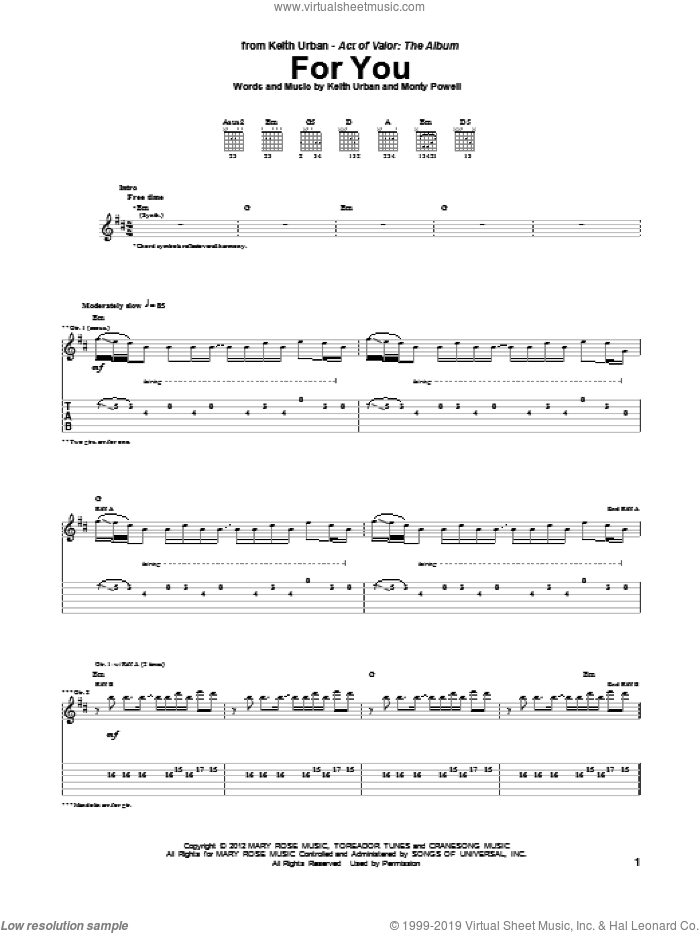 For You sheet music for guitar (tablature) by Keith Urban and Monty Powell, intermediate skill level