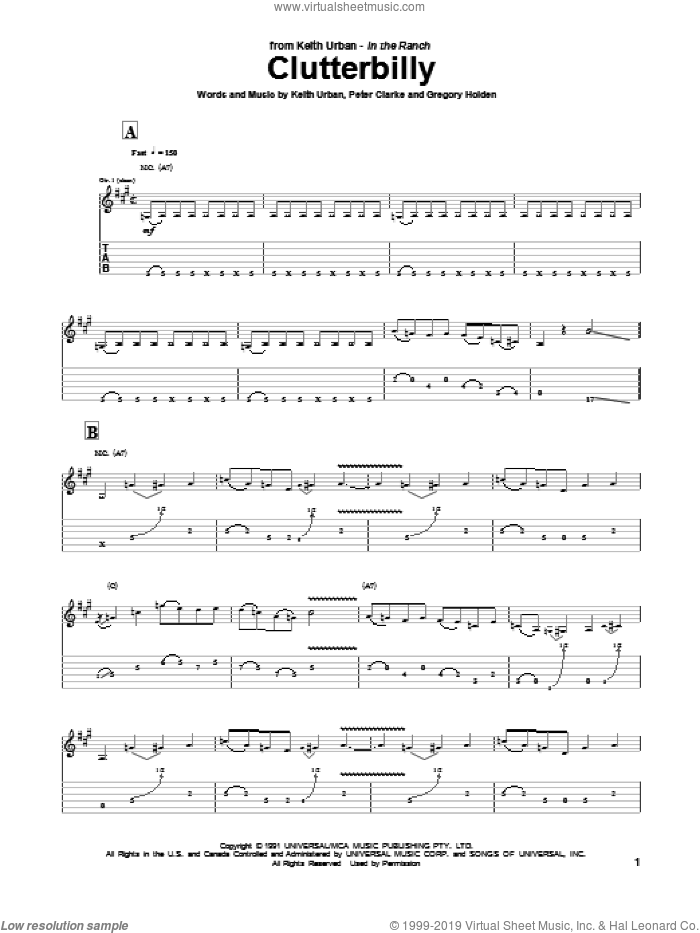 Clutterbilly sheet music for guitar (tablature) by Keith Urban, Gregory Holden and Peter Clarke, intermediate skill level