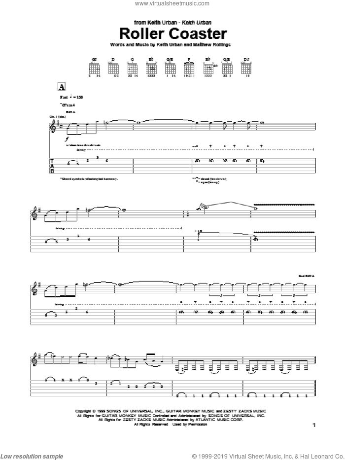Roller Coaster sheet music for guitar (tablature) by Keith Urban and Matthew Rollings, intermediate skill level
