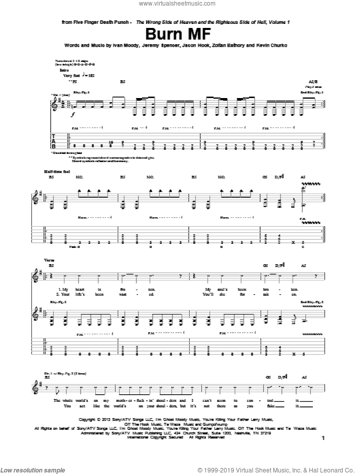 Burn MF sheet music for guitar (tablature) by Five Finger Death Punch, Ivan Moody, Jason Hook, Jeremy Spencer, Kevin Churko and Zoltan Bathory, intermediate skill level