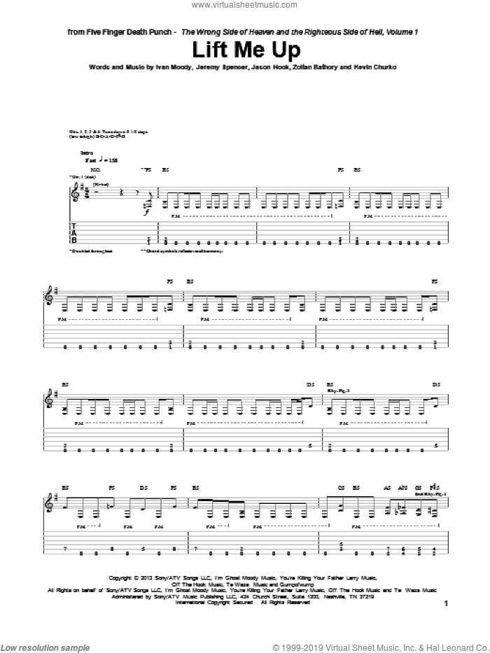 Lift Me Up sheet music for guitar (tablature) by Five Finger Death Punch, Ivan Moody, Jason Hook, Jeremy Spencer, Kevin Churko and Zoltan Bathory, intermediate skill level