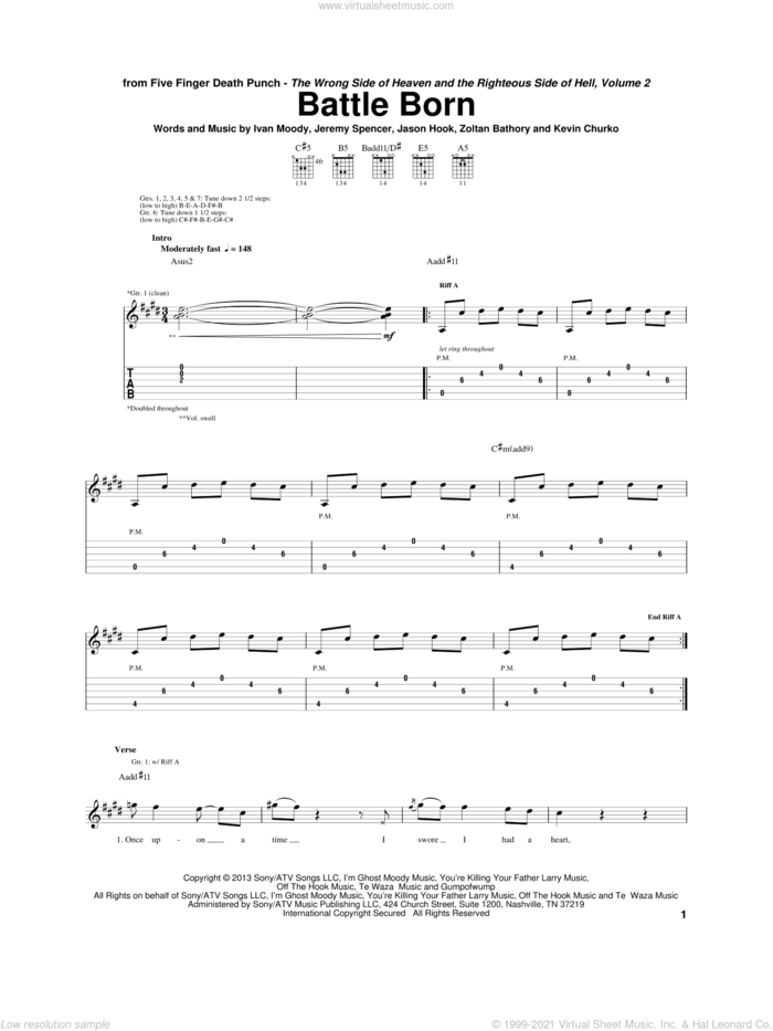 Battle Born sheet music for guitar (tablature) by Five Finger Death Punch, Ivan Moody, Jason Hook, Jeremy Spencer, Kevin Churko and Zoltan Bathory, intermediate skill level