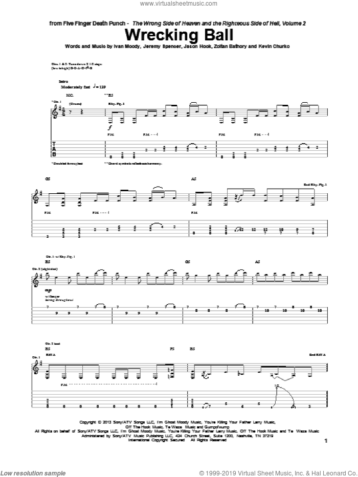 Wrecking Ball sheet music for guitar (tablature) by Five Finger Death Punch, Ivan Moody, Jason Hook, Jeremy Spencer, Kevin Churko and Zoltan Bathory, intermediate skill level