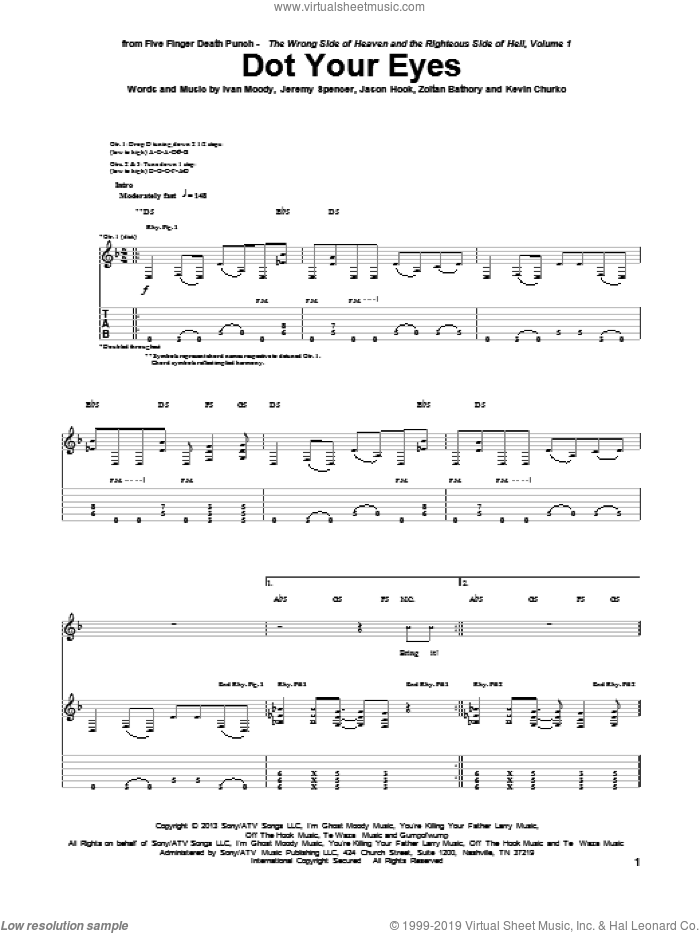 Dot Your Eyes sheet music for guitar (tablature) by Five Finger Death Punch, Ivan Moody, Jason Hook, Jeremy Spencer, Kevin Churko and Zoltan Bathory, intermediate skill level