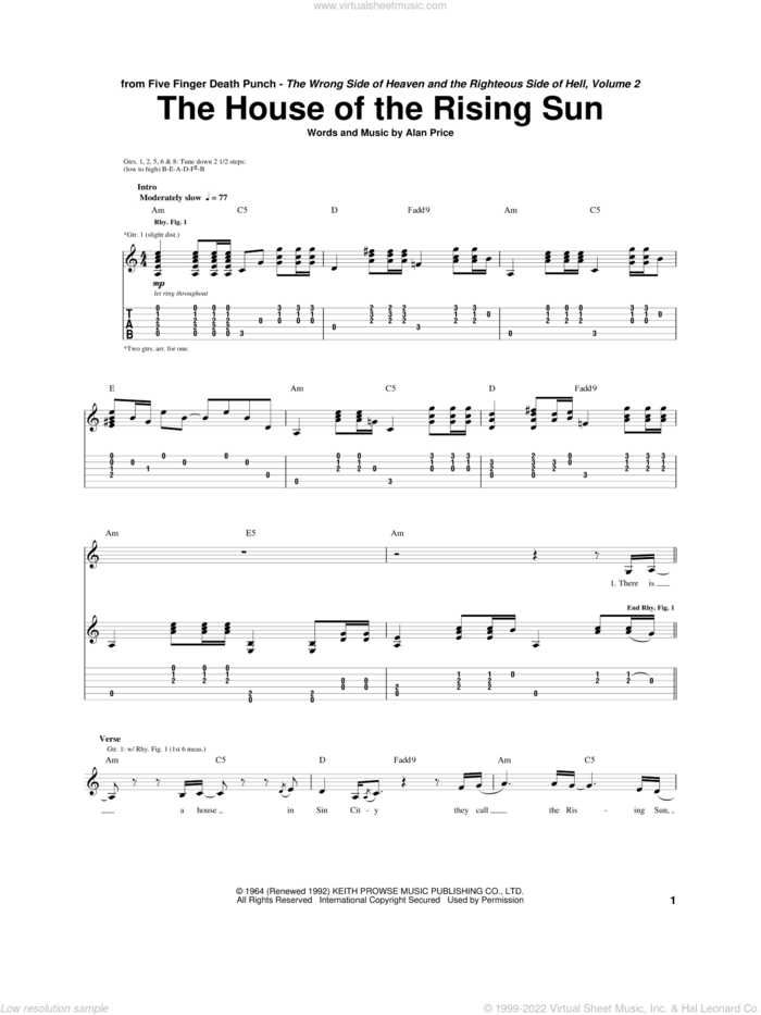 The House Of The Rising Sun sheet music for guitar (tablature) by Five Finger Death Punch, The Animals and Alan Price, intermediate skill level