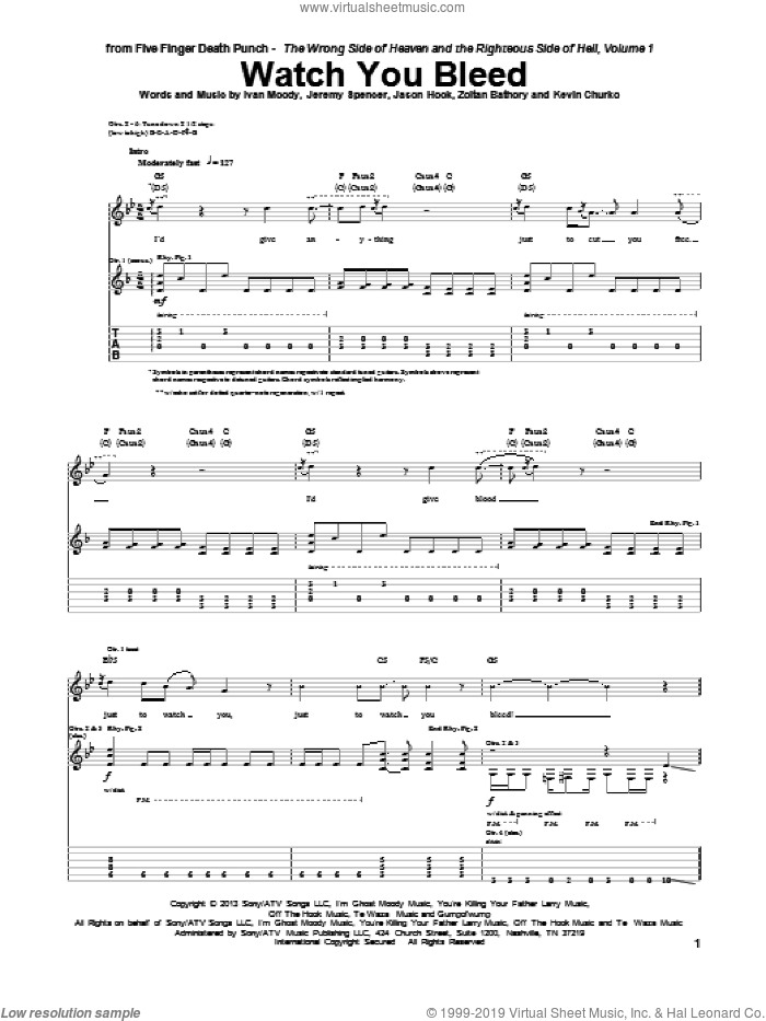 Watch You Bleed sheet music for guitar (tablature) by Five Finger Death Punch, Ivan Moody, Jason Hook, Jeremy Spencer, Kevin Churko and Zoltan Bathory, intermediate skill level