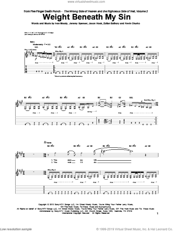Weight Beneath My Sin sheet music for guitar (tablature) by Five Finger Death Punch, Ivan Moody, Jason Hook, Jeremy Spencer, Kevin Churko and Zoltan Bathory, intermediate skill level