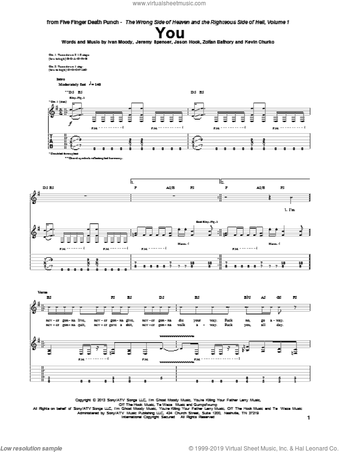You sheet music for guitar (tablature) by Five Finger Death Punch, Ivan Moody, Jason Hook, Jeremy Spencer, Kevin Churko and Zoltan Bathory, intermediate skill level