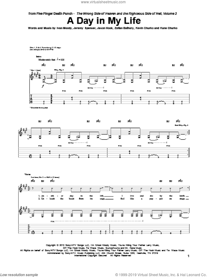 A Day In My Life sheet music for guitar (tablature) by Five Finger Death Punch, Ivan Moody, Jason Hook, Jeremy Spencer, Kane Churko, Kevin Churko and Zoltan Bathory, intermediate skill level