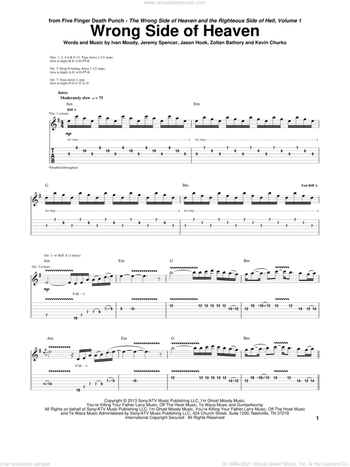 Wrong Side Of Heaven sheet music for guitar (tablature) by Five Finger Death Punch, Ivan Moody, Jason Hook, Jeremy Spencer, Kevin Churko and Zoltan Bathory, intermediate skill level