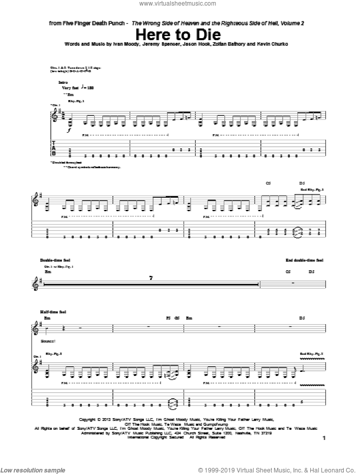 Here To Die sheet music for guitar (tablature) by Five Finger Death Punch, Ivan Moody, Jason Hook, Jeremy Spencer, Kevin Churko and Zoltan Bathory, intermediate skill level