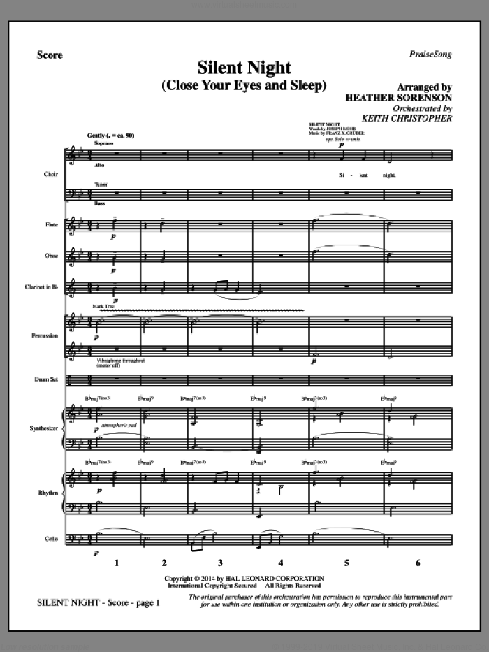 Silent Night (Close Your Eyes and Sleep) (COMPLETE) sheet music for orchestra/band by Heather Sorenson, Franz Gruber, John F. Young and Joseph Mohr, intermediate skill level