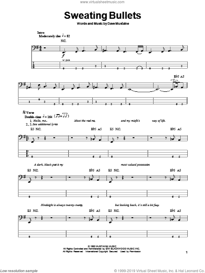 Sweating Bullets sheet music for bass (tablature) (bass guitar) by Megadeth and Dave Mustaine, intermediate skill level