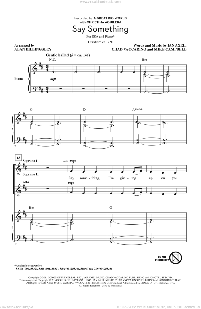Say Something sheet music for choir (SSA: soprano, alto) by Alan Billingsley, A Great Big World, Chad Vaccarino, Ian Axel and Mike Campbell, intermediate skill level