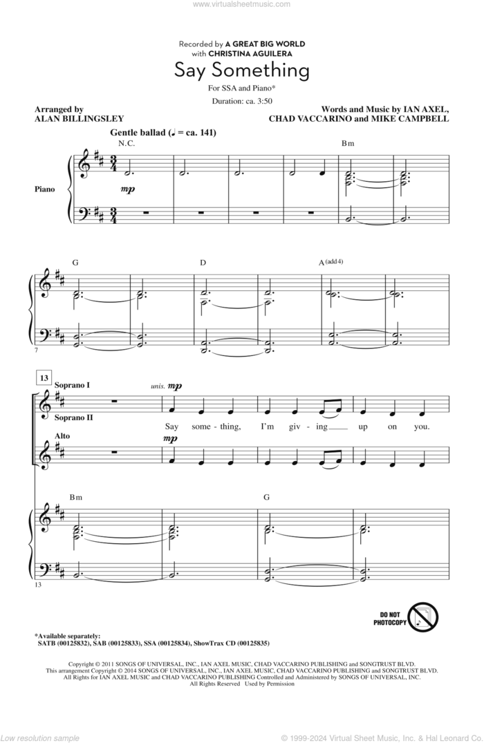 Say Something sheet music for choir (SSA: soprano, alto) by Alan Billingsley, A Great Big World, Chad Vaccarino, Ian Axel and Mike Campbell, intermediate skill level