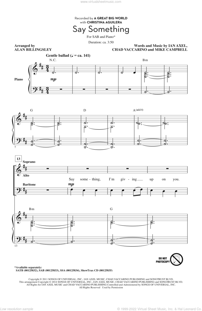 Say Something sheet music for choir (SAB: soprano, alto, bass) by Alan Billingsley, A Great Big World, Chad Vaccarino, Ian Axel and Mike Campbell, intermediate skill level