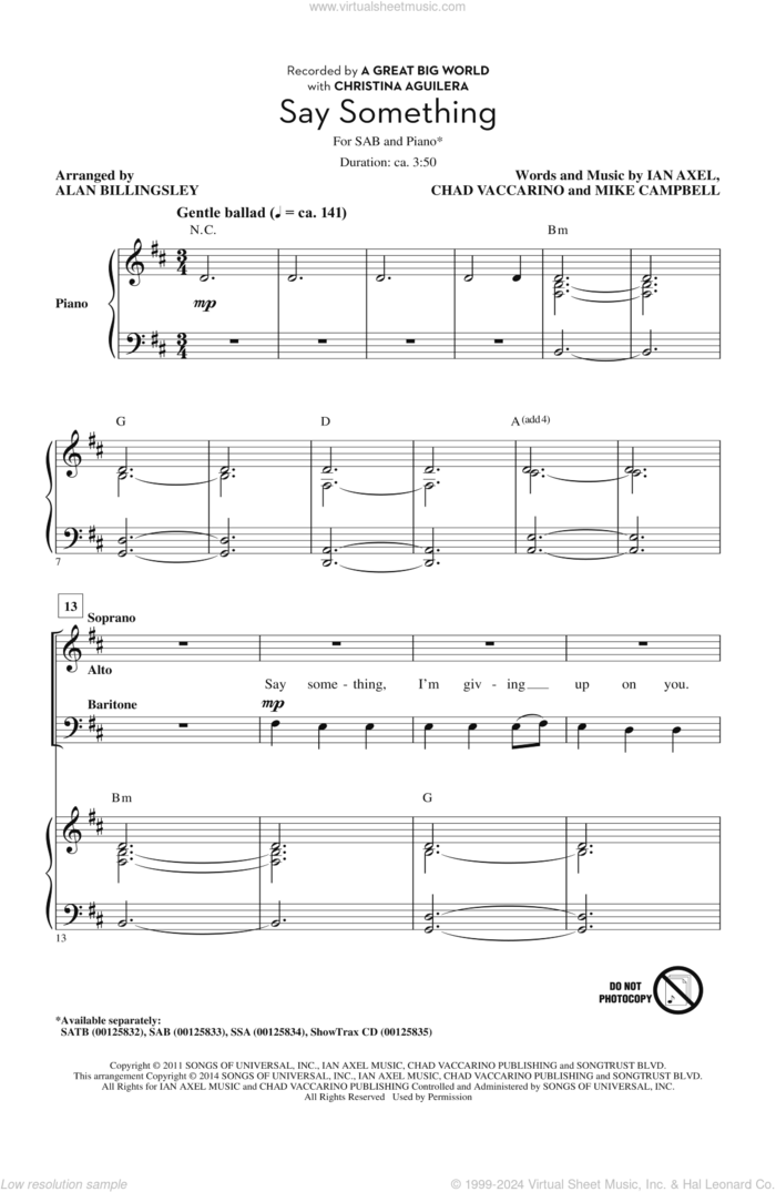 Say Something sheet music for choir (SAB: soprano, alto, bass) by Alan Billingsley, A Great Big World, Chad Vaccarino, Ian Axel and Mike Campbell, intermediate skill level