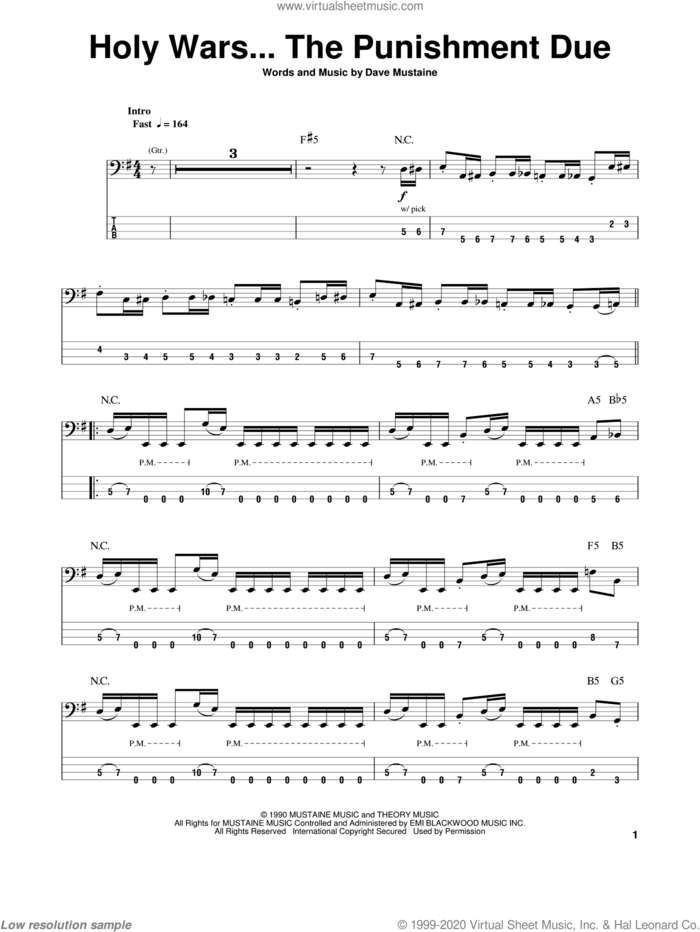 Holy Wars...The Punishment Due sheet music for bass (tablature) (bass guitar) by Megadeth and Dave Mustaine, intermediate skill level